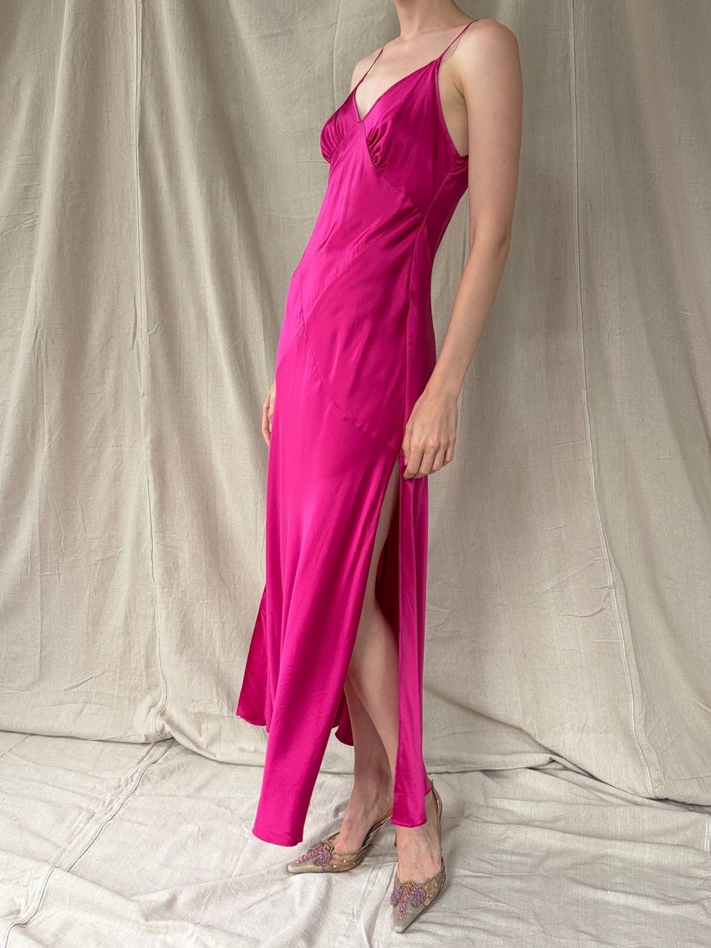 2003 Victoria's Secret Silk Fuchsia Slip Maxi Dress with Spaghetti Straps small